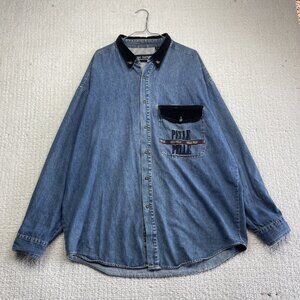 Vintage Marc Buchanan Pelle Pelle Logo Denim Shirt Jacket XL Hong Kong Retro **